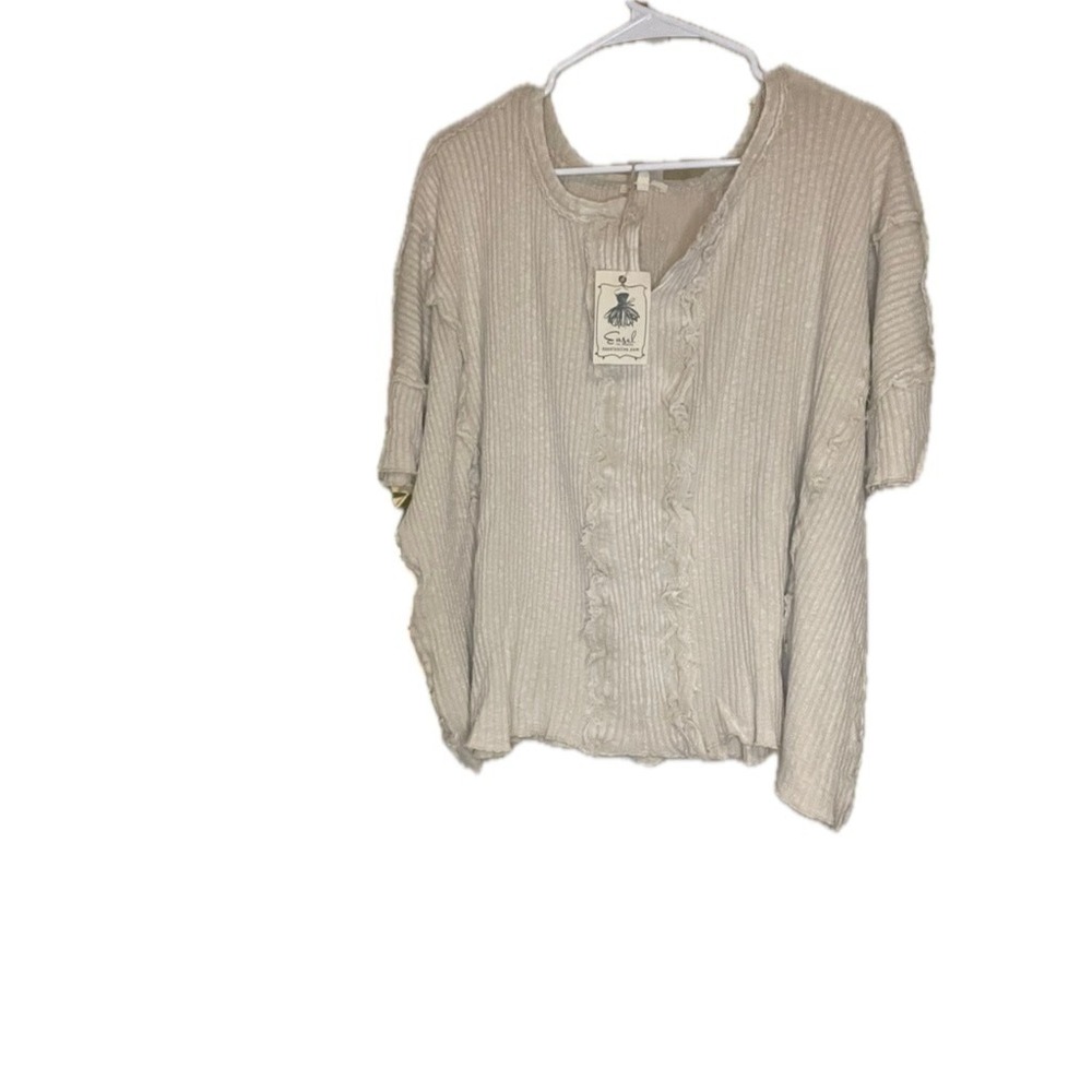 Easel Womens Boho Oversized Raw Hem Shabby Chic Top Oatmeal Size M Coastal